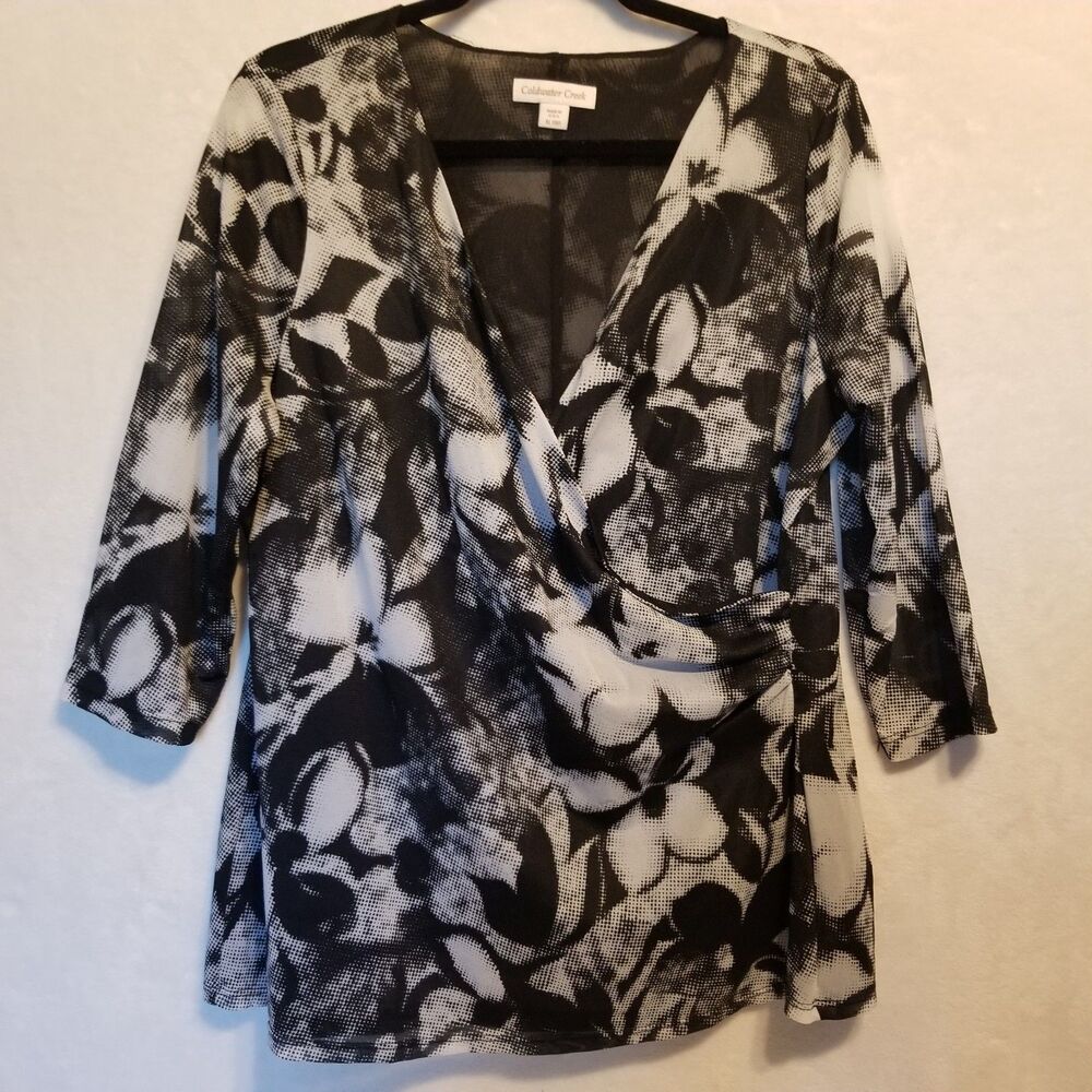 Coldwater Creek XL Top Black & Gray Floral Mesh Lined Surplice V Neck Whimsigoth